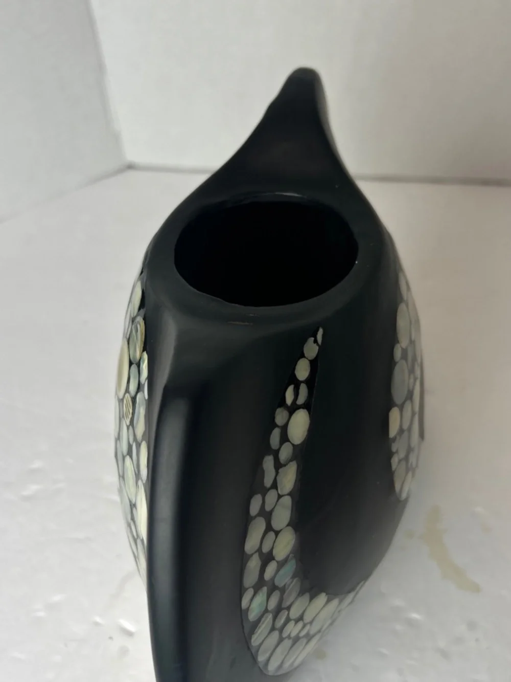 Black Ceramic Vase Vessel Intricate Mother of Pearl Inlay Swirl MCM Art Deco 8